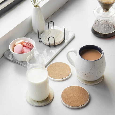Set 6, LIFVER Coasters of Coasters for Drinks Absorbent Stone with Holder, Black Marble Style Ceramic Drink Coaster