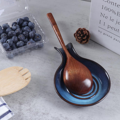 Blue Ceramic Spoon Rest for Kitchen, Heat Resistant Utensil Holder for Countertop, Dishwasher Safe, Cooking Spoon Holder