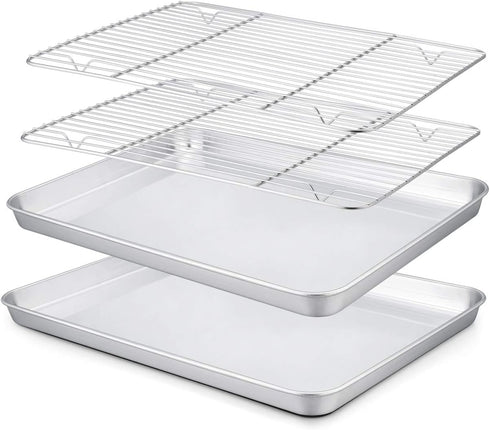 TeamFar Toaster Oven Pan with Rack Set, 10.5’’ x 8’’ Stainless Steel Baking Pans with Cooling Rack Set of 4