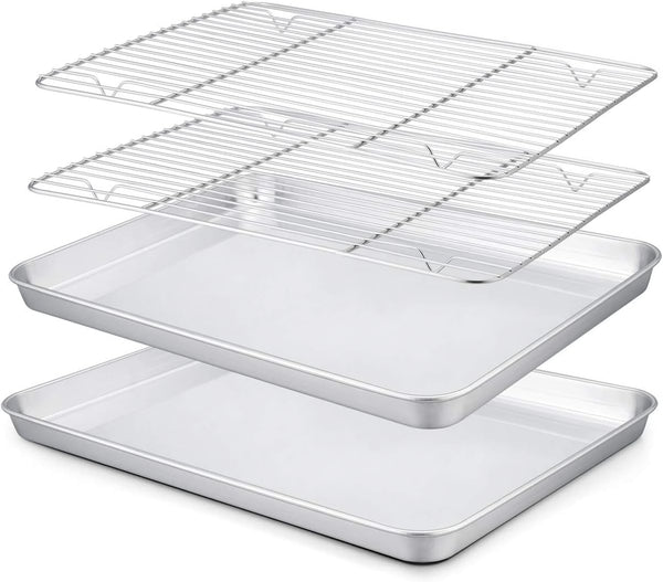 TeamFar Toaster Oven Pan with Rack Set, 10.5’’ x 8’’ Stainless Steel Baking Pans with Cooling Rack Set of 4