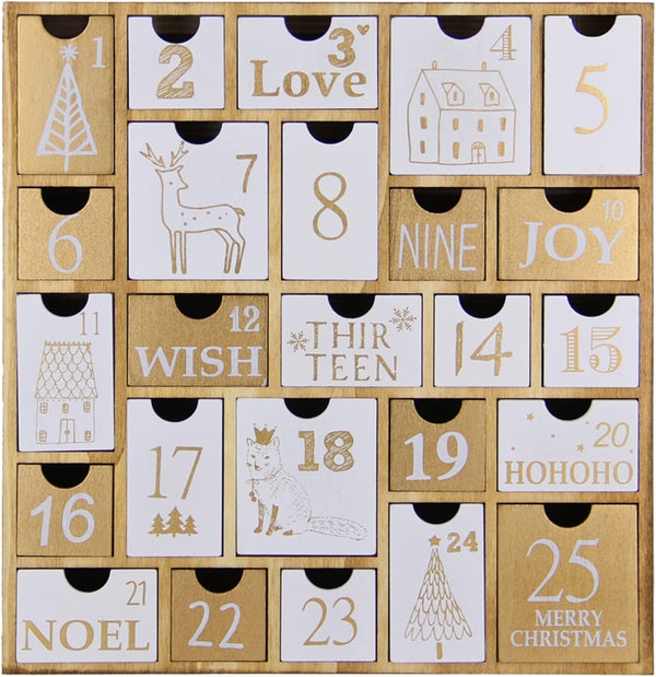 Juegoal Advent Calendar with 25 Drawers, Refillable Wooden Countdown to Christmas Gift for Kids, 12 Inches