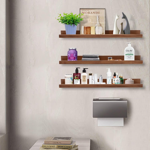 24 Inch Set 3 AZSKY Floating Photo Shelves Fair Light Walnut Picture Ledge for Storage Wall Book Shelves Hanging