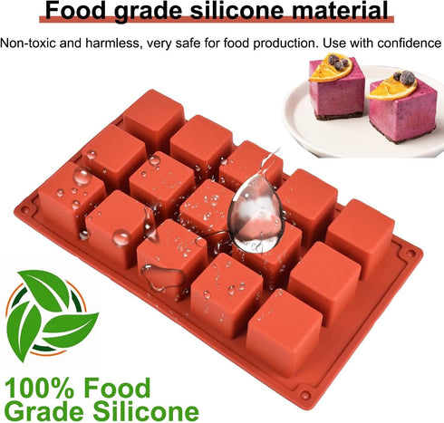 Square Silicone Mold, 2 Pack 15 Cavity Cube Mousse Cake Baking Molds for Soap, Candy Chocolate Cubes & Ice Cream