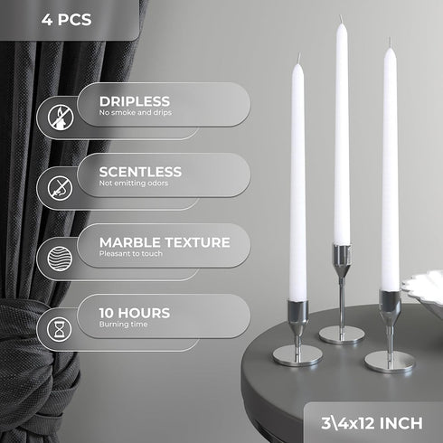 CANDWAX Set of 4 White Taper Candles, 12 Inch Dripless, Smokeless, Unscented, Long Burning, Hand Poured