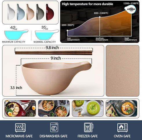 Artena Ramen Bowl with Chopsticks, 42oz Ceramic Noodle Bowl, Large Soup Bowl, Pasta Bowl Set, Big Salad Bowl, Deep Pho Bowl for Dumplings, Cereal, Rice, Dishwasher Microwave Safe, Gourd Design, Camel by Artena