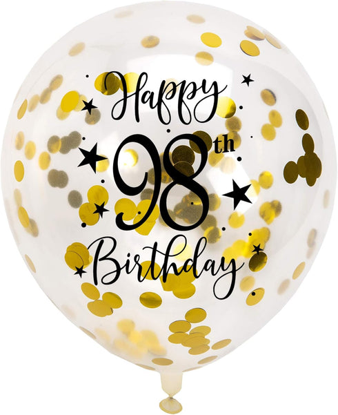 Gold 98th Confetti Latex Balloons, Happy 98 Years Birthday Party Decoration with Confetti, 12in, 16 Pack