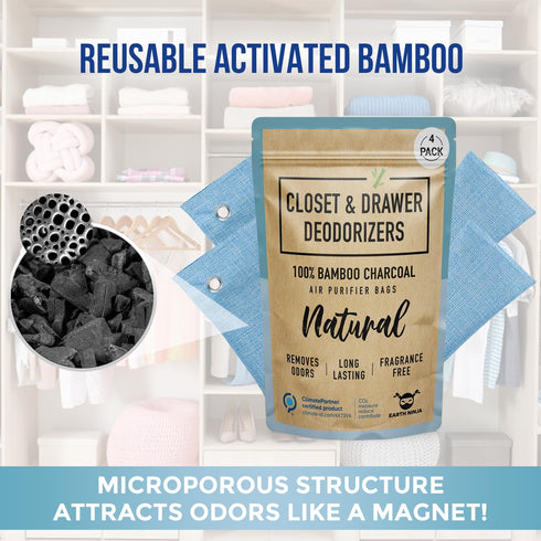 Closet and Drawer Deodorizer Bags, 4 Pack Organic Charcoal Odor Eliminator for Closet and Drawers