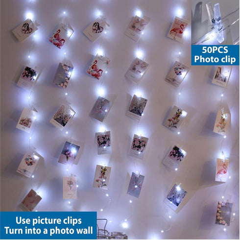 ZSJWL 3.3×5ft Short Curtain Lights with 8 Hook for Small Windows, 96 LED White Photo Clips String Light with Remote