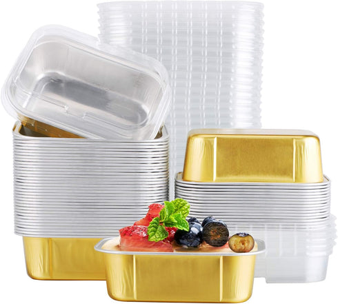 EUSOAR 50pcs 5.7oz Aluminum Foil Baking Cups with Lids, Reusable Cupcake Cups, Gold