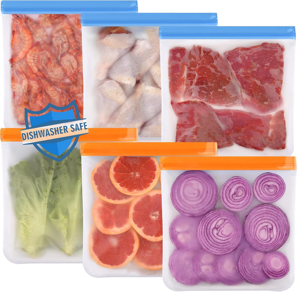 Lerine 6 Pack Reusable Gallon Freezer Bags, BPA Free Extra Thick Leakproof Silicone Storage Bags for Marinate Meats,