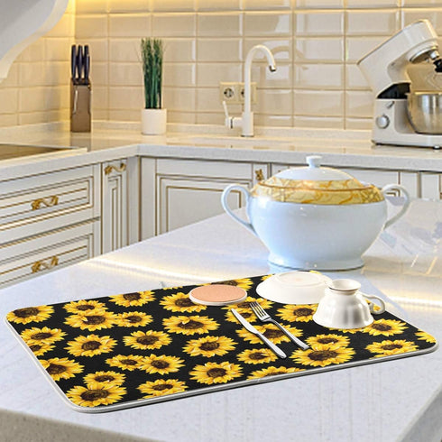 Yellow Sunflower Dish Drying Mat, 18x24 inch Floral Kitchen Counter Protector for Dishes and Bottles