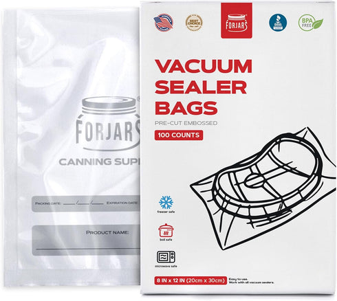 ForJars Vacuum Sealer Bags for Food Storage, 100 Count Pre-Cut Size Bags for Sous Vide Cooking, 8x12