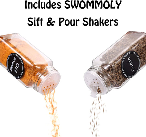 SWOMMOLY 18 396 Set, Countertop, Spice Rack Organizer with Empty Square Spice Jars, Spice Labels with Chalk Marker