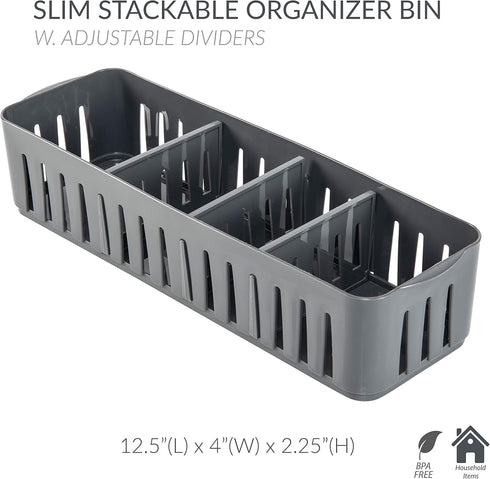 Simplify 4 Compartment Stackable Bin with Adjustable Dividers, Drawer Organizer for Office, Desk Supplies, Grey
