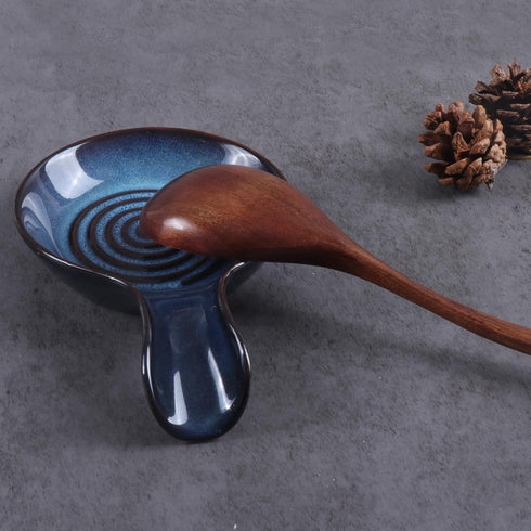 Blue Ceramic Spoon Rest for Kitchen, Heat Resistant Utensil Holder for Countertop, Dishwasher Safe, Cooking Spoon Holder