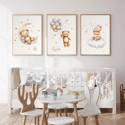 3Pcs 12x16in Teddy Bear Nursery Wall Art Bear Sleeping on The Moon and Stars Wall Decor Pictures Balloon Cloud Neutral