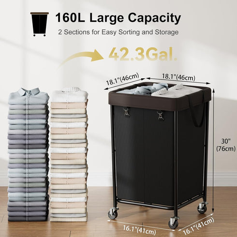 160L 2 Chrislley Laundry Hamper with Wheels, Section Large Laundry Basket with Removable Bag, Steel Frame Dirty Clothes