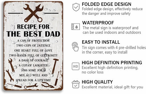 Recipe For The Best Dad Tin Sign Fun Workshop Metal Signs Unique Father's Day Wall Decor Gift For Dad 8x12 Inch
