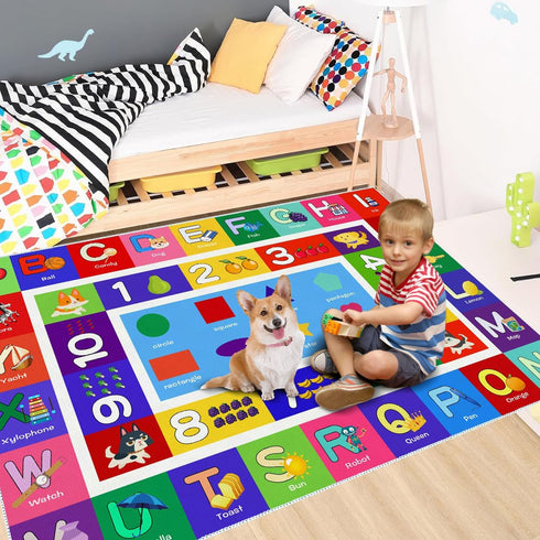 4' 2'7" ABC Kids Play Rug - Number Alphabet Shape Fruit Learning Educational Area Rug - Large Non-Slip Kids Room Play