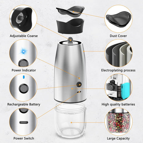Gravity Electric Salt and Pepper Grinder Set, USB Rechargeable, Automatic Mill Grinder with Adjustable Coarseness