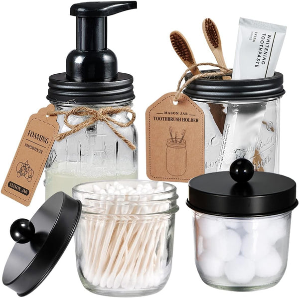 Amolliar 4 Pack Mason Jar Bathroom Accessories Set - Rustic Farmhouse Decor with Foaming Soap Dispenser and Toothbrush