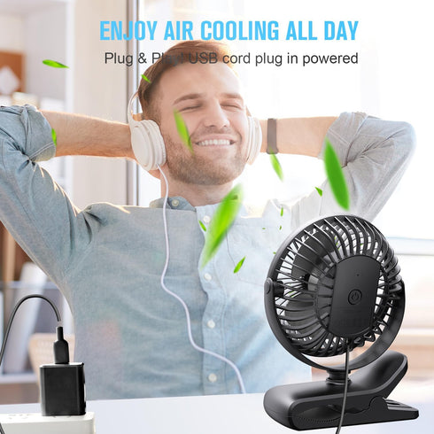 BESKAR Small Clip on Fan, 3 Speeds USB Fan with Strong Airflow for Office and Stroller