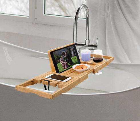 Utoplike Bamboo Bathtub Caddy Tray, Adjustable Bathroom Organizer with Book Tablet Wine Glass Cup Holder (24.5"-37.4")