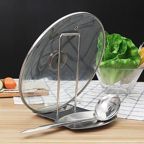 Kitchen Pan Lid Holder and Spoon Rest, Stainless Steel Cookware Organizer for Uncluttered Desktop
