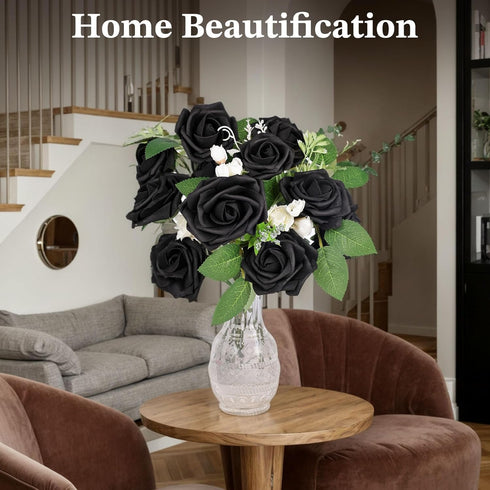 JOHOUSE 30PCS Black Fake Roses, Artificial Flowers with Stems for Halloween Decor, Wedding Bouquets, Party and Gothic