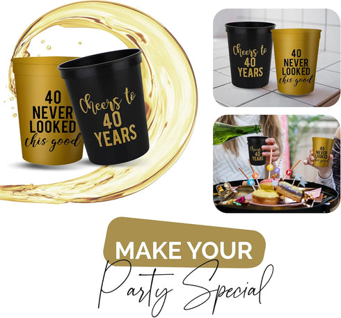 Your Dream Party Shop Cheers to 40 Years Birthday Cups - Set of 12 Black and Gold 40th Birthday Decorations