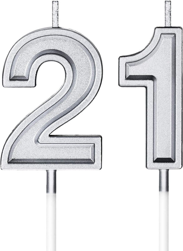 21st Birthday Cake Candles - Happy Birthday Numeral Topper Decoration for Wedding Anniversary Celebration (Silver)