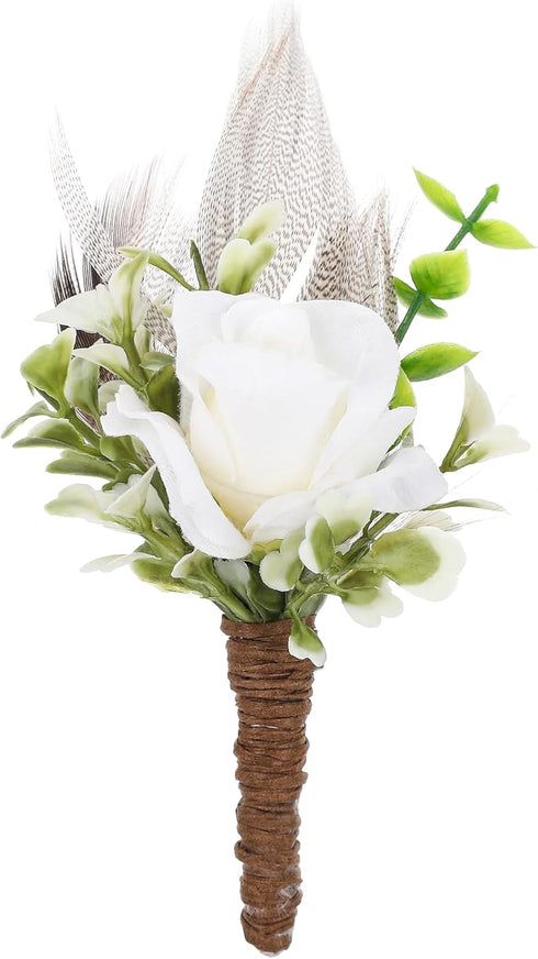 Rose Boutonniere for Men Wedding, Handmade White Corsage Feather Boutonniere for Formal Dinner Party Ceremony