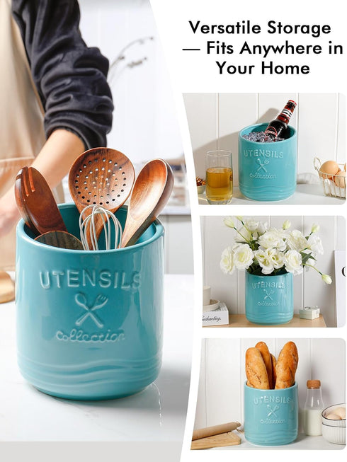 AISBUGUR Large Ceramic Utensil Holder, 7.5" H×6.3" W with Slanted Mouth, Non-Slip Cork Base for Kitchen Decor