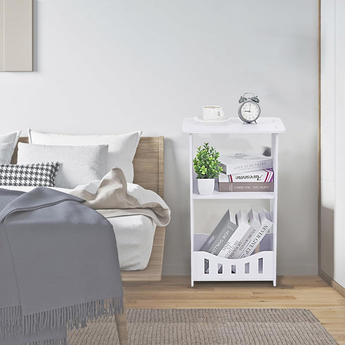 Wensdr 3 Tier Side Table Night Stand, Narrow End Table with Storage Shelf, Extended Desktop & Solid Structure, Small