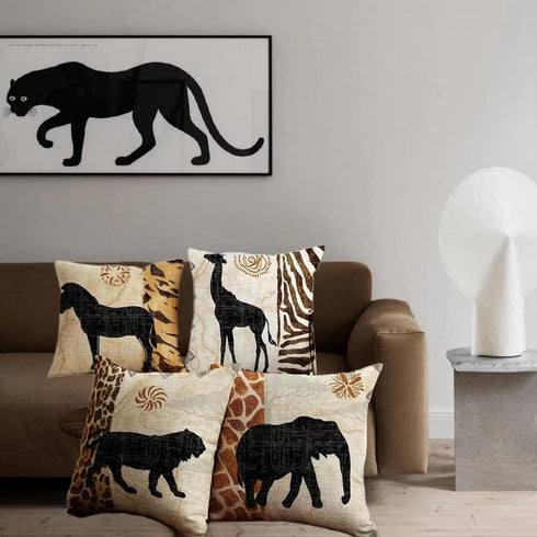 VENUSL Set of 4 Decorative Throw Pillow Covers, African Animals Giraffe, Elephant, Horse, Leopard, 18x18 Inch