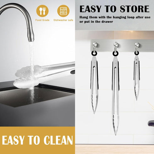 Stainless Steel Kitchen Tongs, 9 Pieces Cooking Tongs, Heavy Duty Metal Locking Tongs for BBQ and Salad
