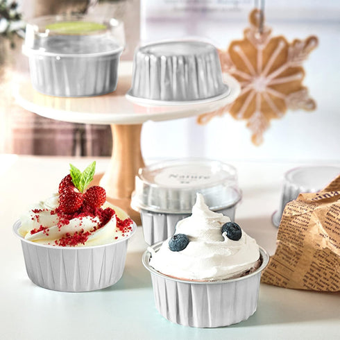 DEAYOU 100-Pack Silver Cupcake Baking Liner with Lid, Tart Pie Tin Pan Holder for Party, Wedding, Creme Brulee