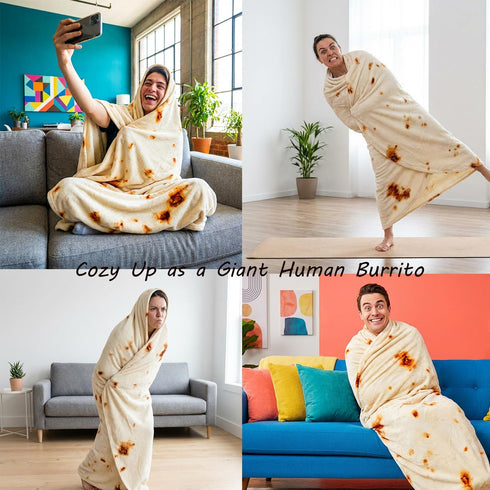71in 2.0 LetsFunny Burrito Tortilla Throw Blanket, Giant Funny Realistic Food Blanket, Double Sided Taco Tortilla Wrap