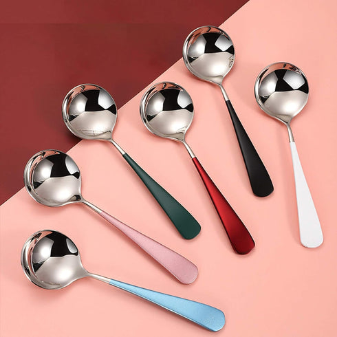 18/10 Round Head Stainless Steel Soup Spoons, Modern Thick Short Handle Korean Spoon, Set of 5, 6.3 Inch