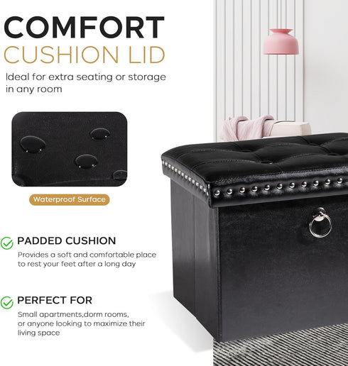 16x12x12 oakvivo Small Storage Ottoman Foot Rest Stool, in Foldable Leather Footstool Storage Bench with Rivet Design