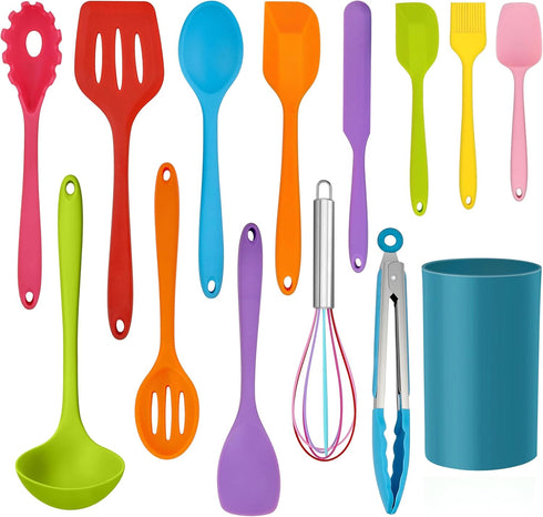 LIANYU 14 Pcs Silicone Cooking Utensils Set with Holder, Heat Resistant Kitchen Tools Includes Spatula, Spoon, Turner,