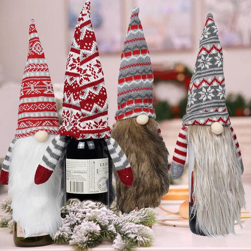 Doiaz 4 Pack Wine Covers Christmas Gnome Handmade Tomte Swedish Wine Bottle Toppers Decorative Santa Scandinavian Gift