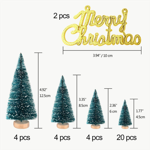 KUUQA 36Pcs Mini Sisal Snow Frost Christmas Trees - Tabletop Ornaments with Merry Christmas Letters