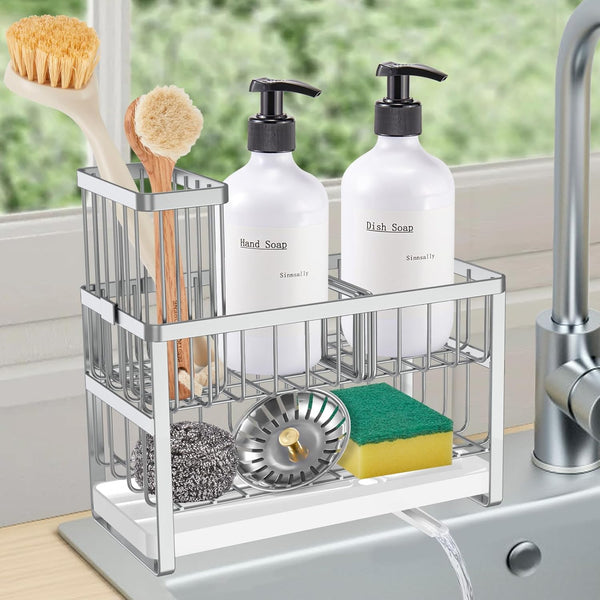 Sinnsally Kitchen Sponge Holder,Sink Caddy Organizer with High Brush Holder,Stainless Steel Sink