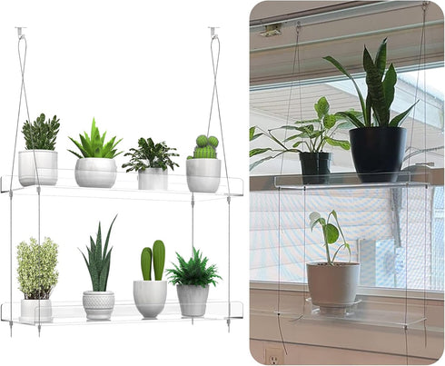 ZerzSemp 2-Tier 16 Inch Hanging Clear Plant Shelves for Windows, Acrylic Window Wall Plant Stand Shelf for Kitchen
