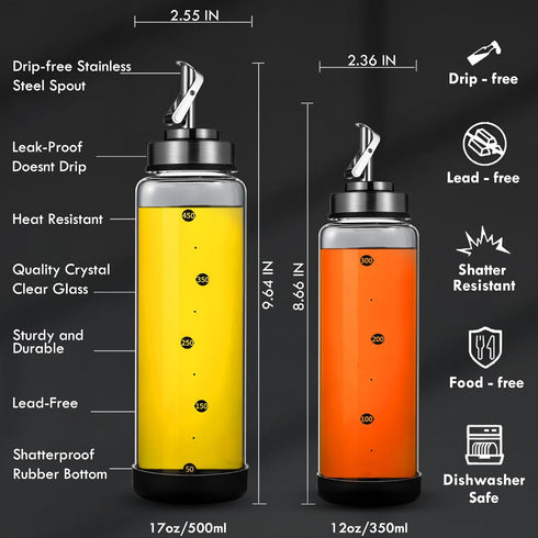 Set 17 oz Set 2 Glass Olive Oil Dispenser Bottle for Kitchen Shatterproof & Leakproof Oil and Vinegar Dispenser