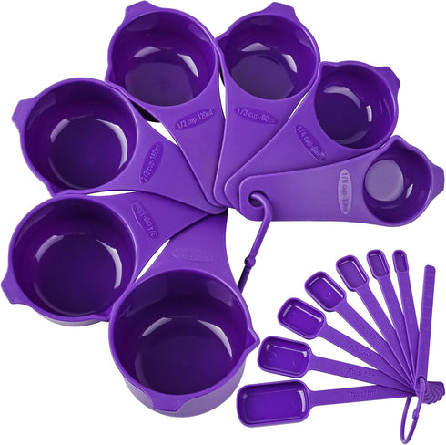Plastic Measuring Cups and Spoons Set 15, 7 Dry&Liquid Measuring Cup Spoon Set, 7 Spice Long Handle Measuring Spoons with 1 Leveler for Kitchen and Baking, Metric Measure Cups & Spoons Purple by Kalsreui