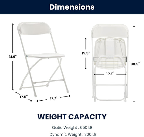 Commercial Set BTEXPERT White Plastic Folding Chair Steel Frame High Capacity Event Chair Lightweight for Office