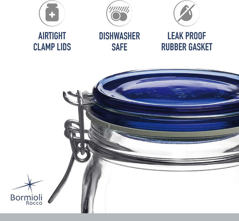 Bormioli Rocco Fido Square Jar, 17-1/2-Ounce, Blue Lid