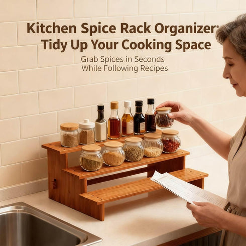 JinDoWin 3 (2, Cabinet Spice Organizer, Spice Organization for Cabinet, Tier Spice Rack Organizer for Cabinet